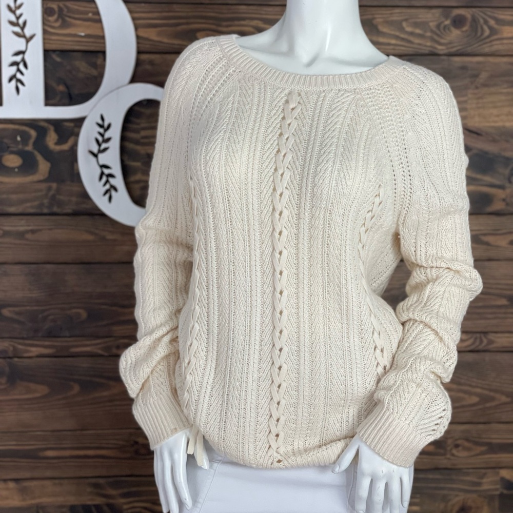 Magaschoni | Lace Up Ribbon Weave Bow‎ Tie Chunky Knitted Sweater Cream Ivory